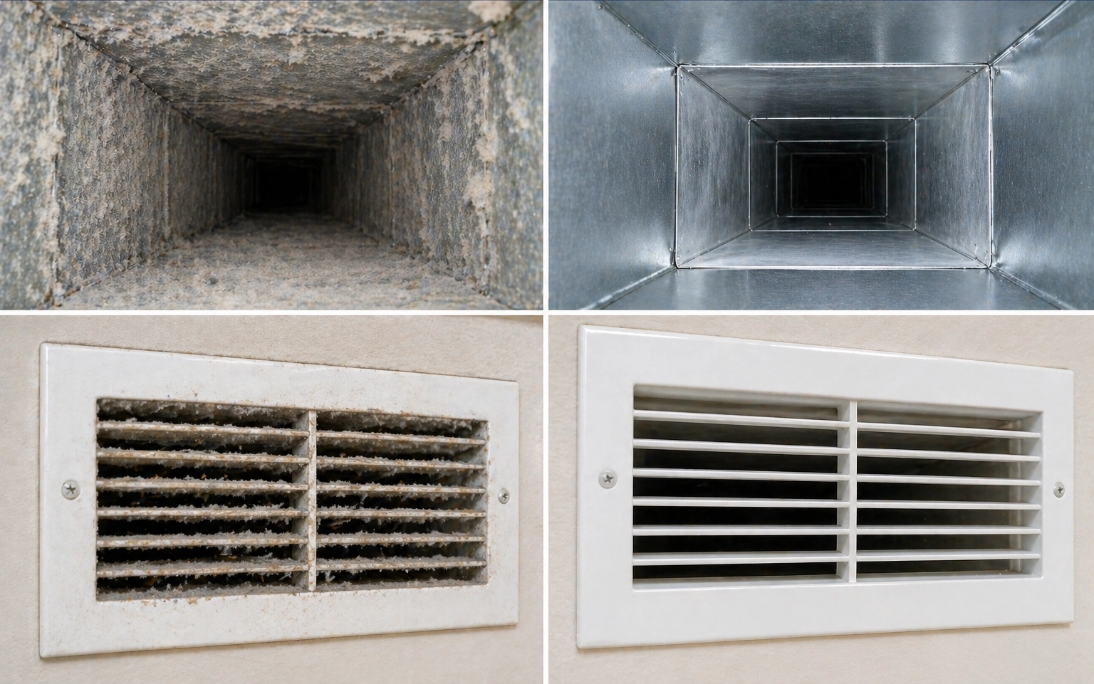 Before and after comparison of professional air duct cleaning results showing improved cleanliness